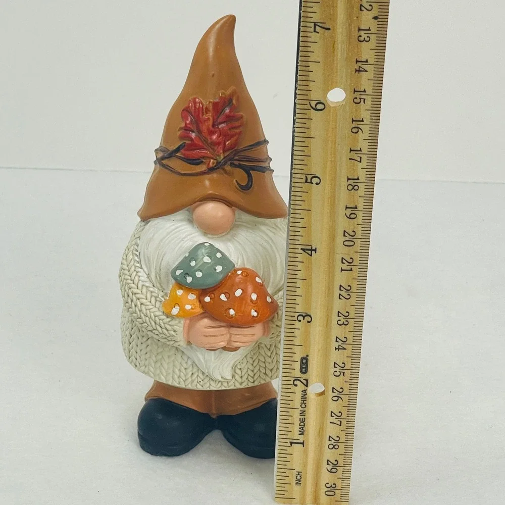 Fall Gnome Figurine Autumn Decor Cable Knit Sweater Mushrooms Brown Hat 6.5 Inch
